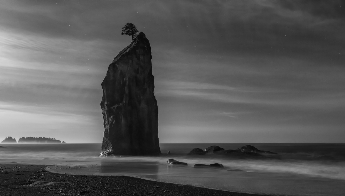 Sea stack under moonlight